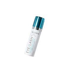 Eyelash serum bottle with blue cap on a white background