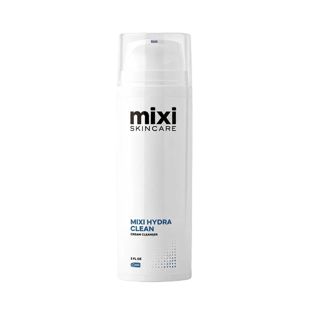 A white skincare pump bottle labeled 'mixi SKINCARE' and 'MIXI HYDRA CLEAN' on a light gray background.