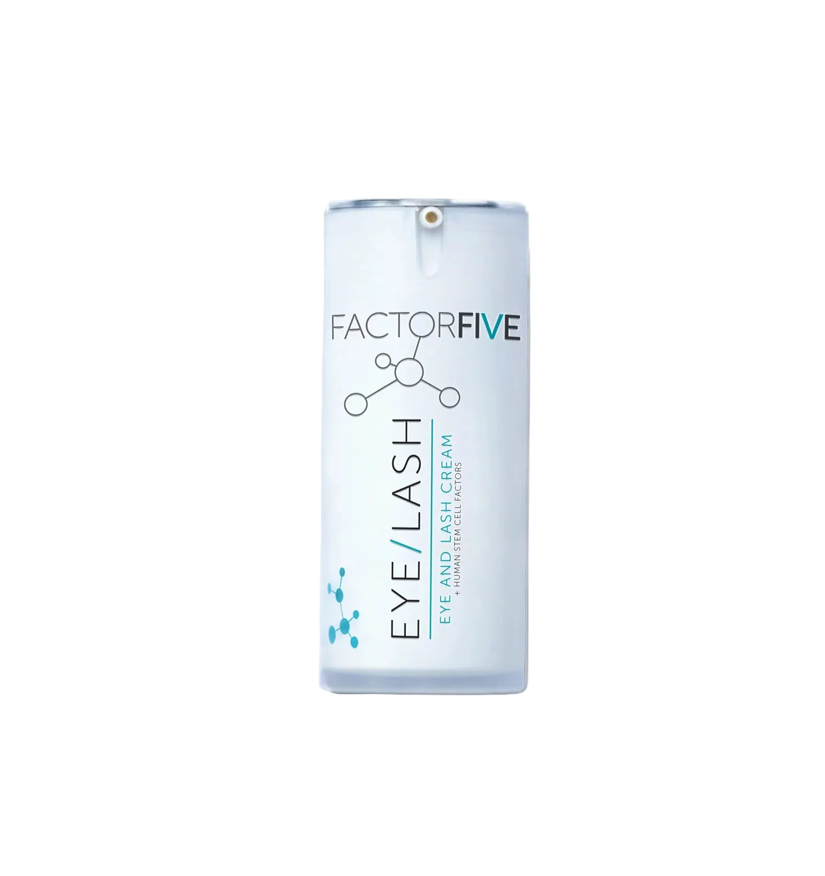 A frosted light blue cylindrical bottle of Factor Five Eye Lash Serum with a white dropper cap, set against a clean white background with a soft shadow.