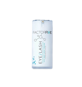 A frosted light blue cylindrical bottle of Factor Five Eye Lash Serum with a white dropper cap, set against a clean white background with a soft shadow.