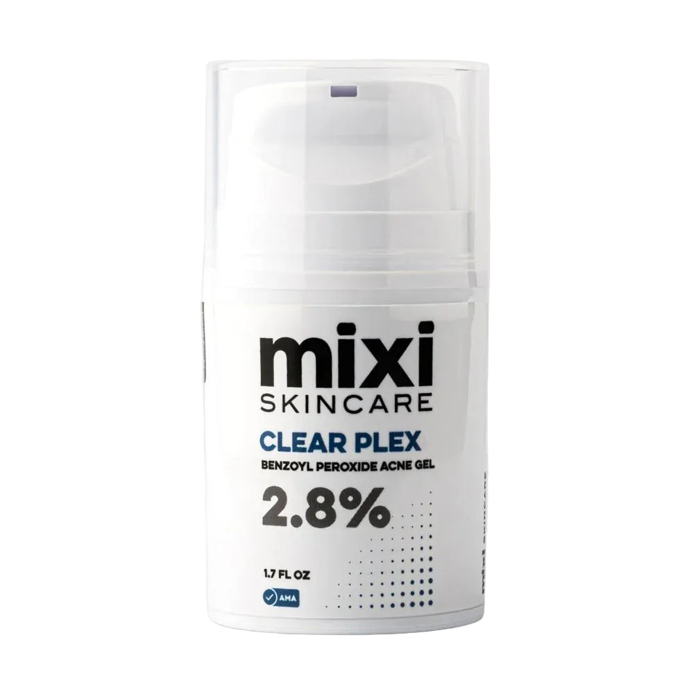 A white pump bottle of Mixi Skincare Clear Plex 2.8% Benzoyl Peroxide Acne Gel, shown on a light gray background.
