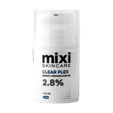 A white pump bottle of Mixi Skincare Clear Plex 2.8% Benzoyl Peroxide Acne Gel, shown on a light gray background.