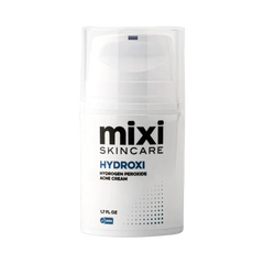 A white pump bottle of Mixi Skincare Hydroxi Hydrogen Peroxide Acne Cream, 1.7 fl oz, on a light gray background.