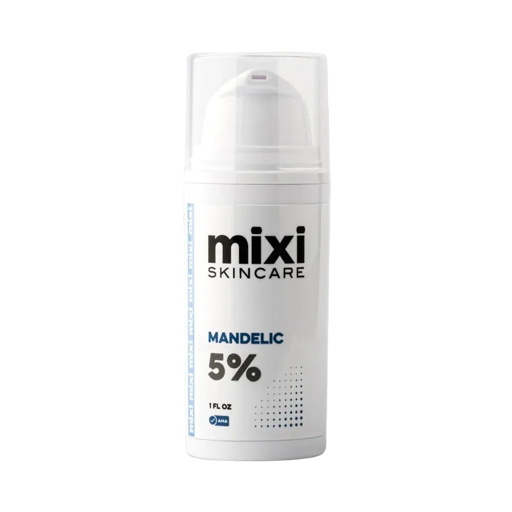 A white pump bottle of Mixi Skincare Mandelic 5% serum with a clear cap, set against a light gray background.