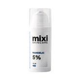 A white pump bottle of Mixi Skincare Mandelic 5% serum with a clear cap, set against a light gray background.