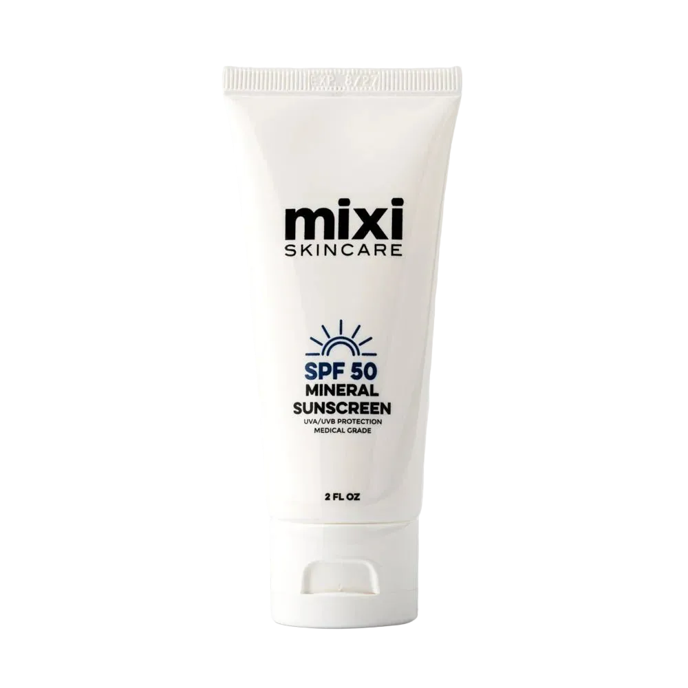 A white squeeze tube of mixi Skincare SPF 50 Mineral Sunscreen, 2 fl. oz., centered on a light gray background.