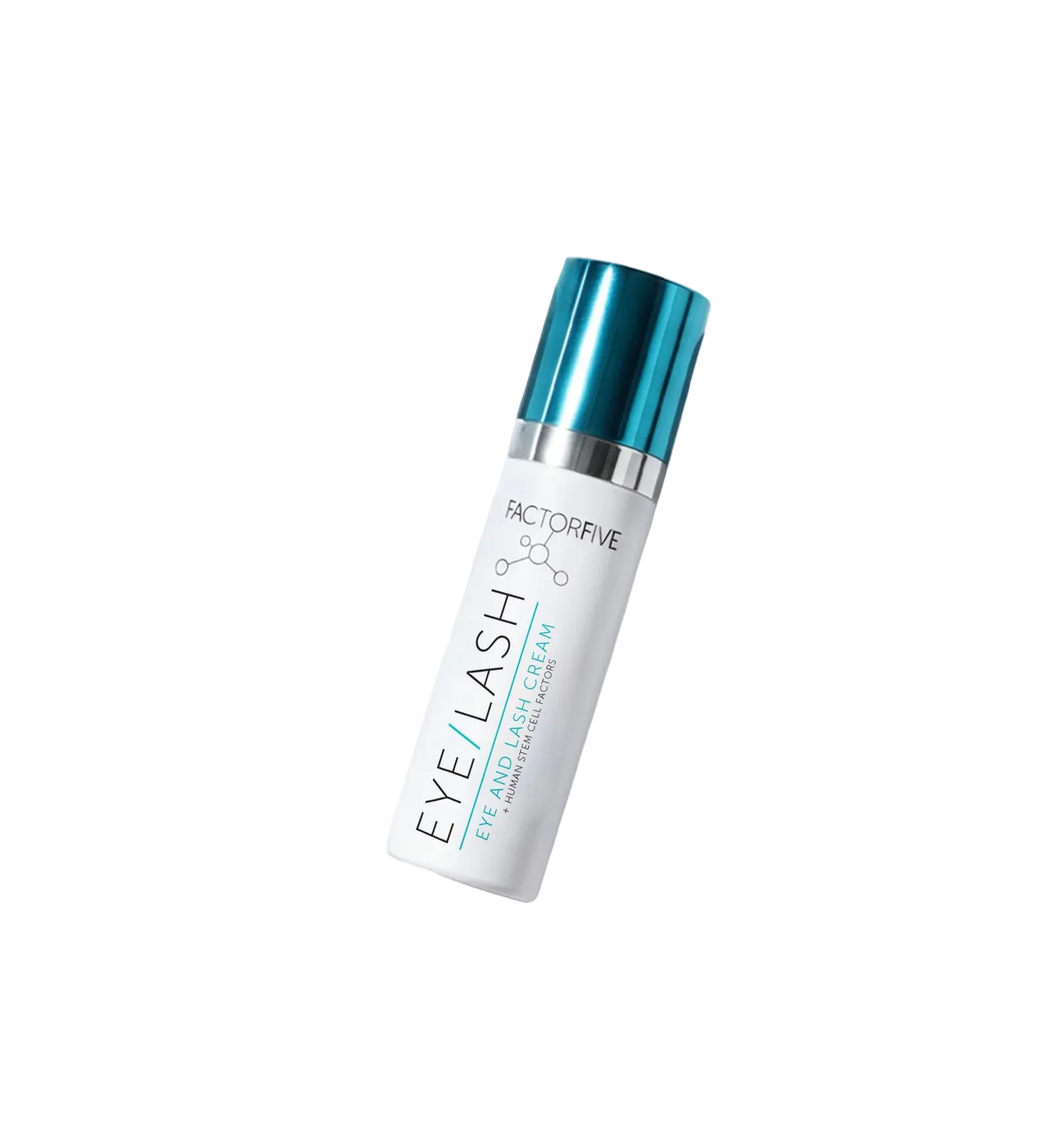 Eyelash serum bottle with blue cap on a white background