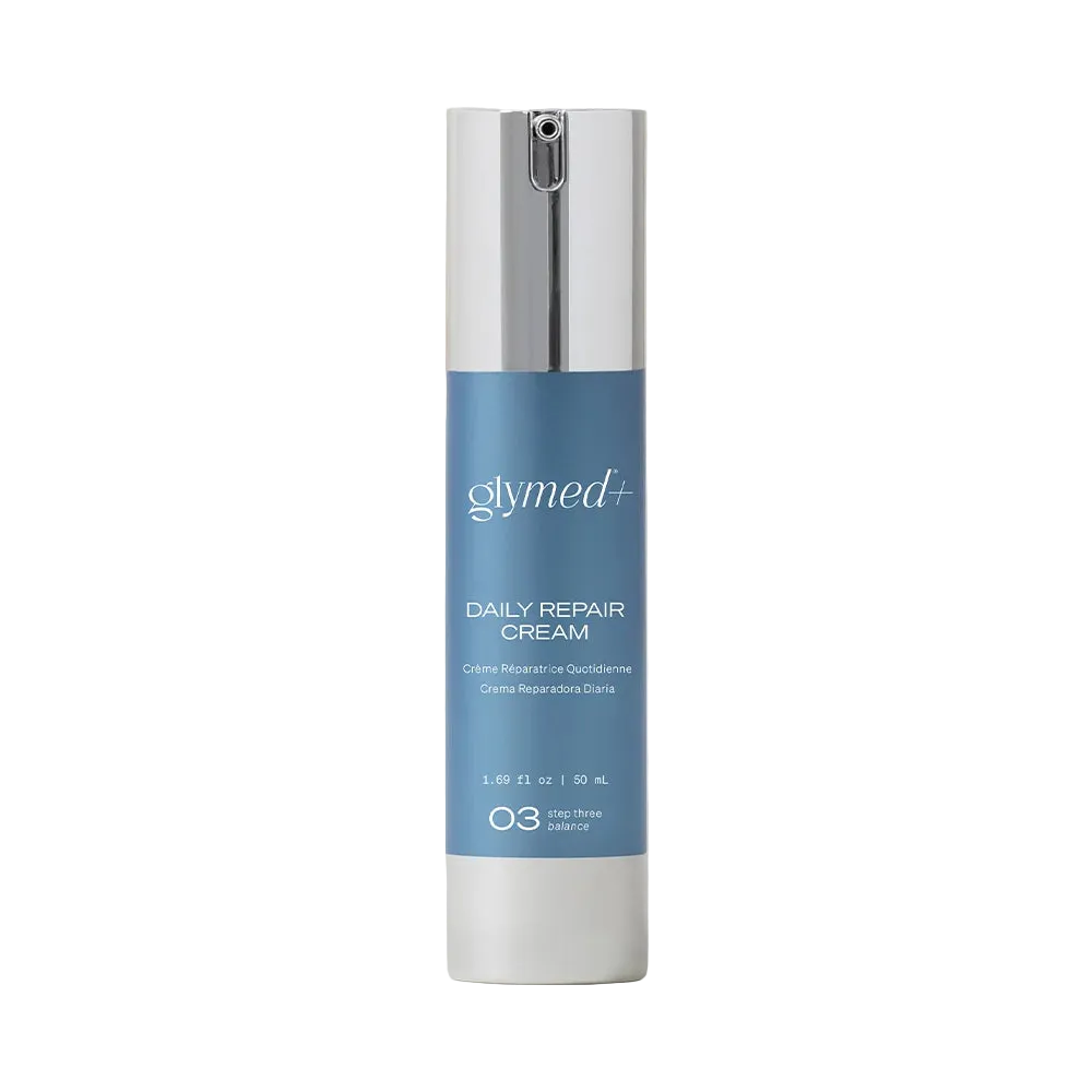 A cylindrical skincare bottle labeled 'glymed+' and 'daily repair cream' with a blue label and silver cap, centered on a light gray background.