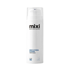 A white skincare pump bottle labeled 'mixi SKINCARE' and 'MIXI HYDRA CLEAN' on a light gray background.