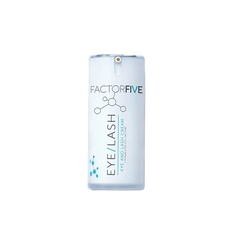 A frosted light blue cylindrical bottle of Factor Five Eye Lash Serum with a white dropper cap, set against a clean white background with a soft shadow.