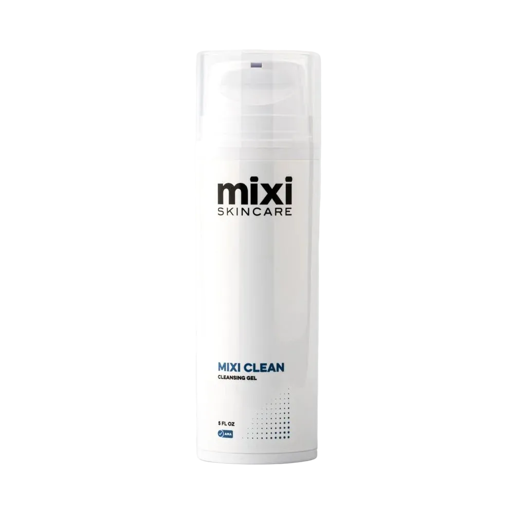 A white cylindrical pump bottle of Mixi Skincare 'MIXI CLEAN' cleansing gel, shown against a light gray background.