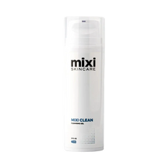 A white cylindrical pump bottle of Mixi Skincare 'MIXI CLEAN' cleansing gel, shown against a light gray background.