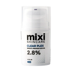 A white pump bottle of Mixi Skincare Clear Plex 2.8% Benzoyl Peroxide Acne Gel, shown on a light gray background.