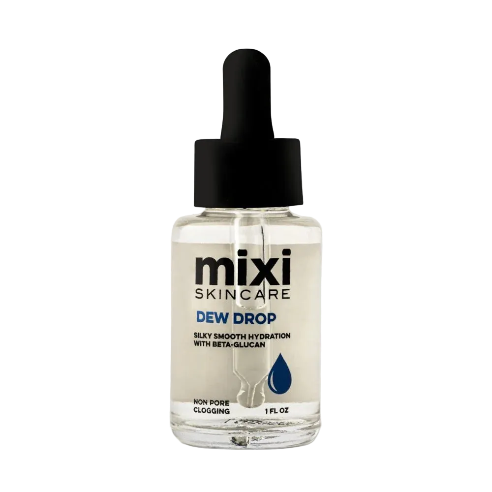 Bottle of mixi skincare Dew Drop on a white background