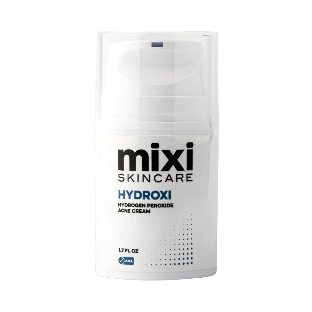 A white pump bottle of Mixi Skincare Hydroxi Hydrogen Peroxide Acne Cream, 1.7 fl oz, on a light gray background.