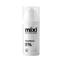 A white pump bottle of Mixi Skincare Mandelic 5% serum with a clear cap, set against a light gray background.