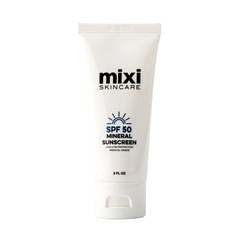 A white squeeze tube of mixi Skincare SPF 50 Mineral Sunscreen, 2 fl. oz., centered on a light gray background.